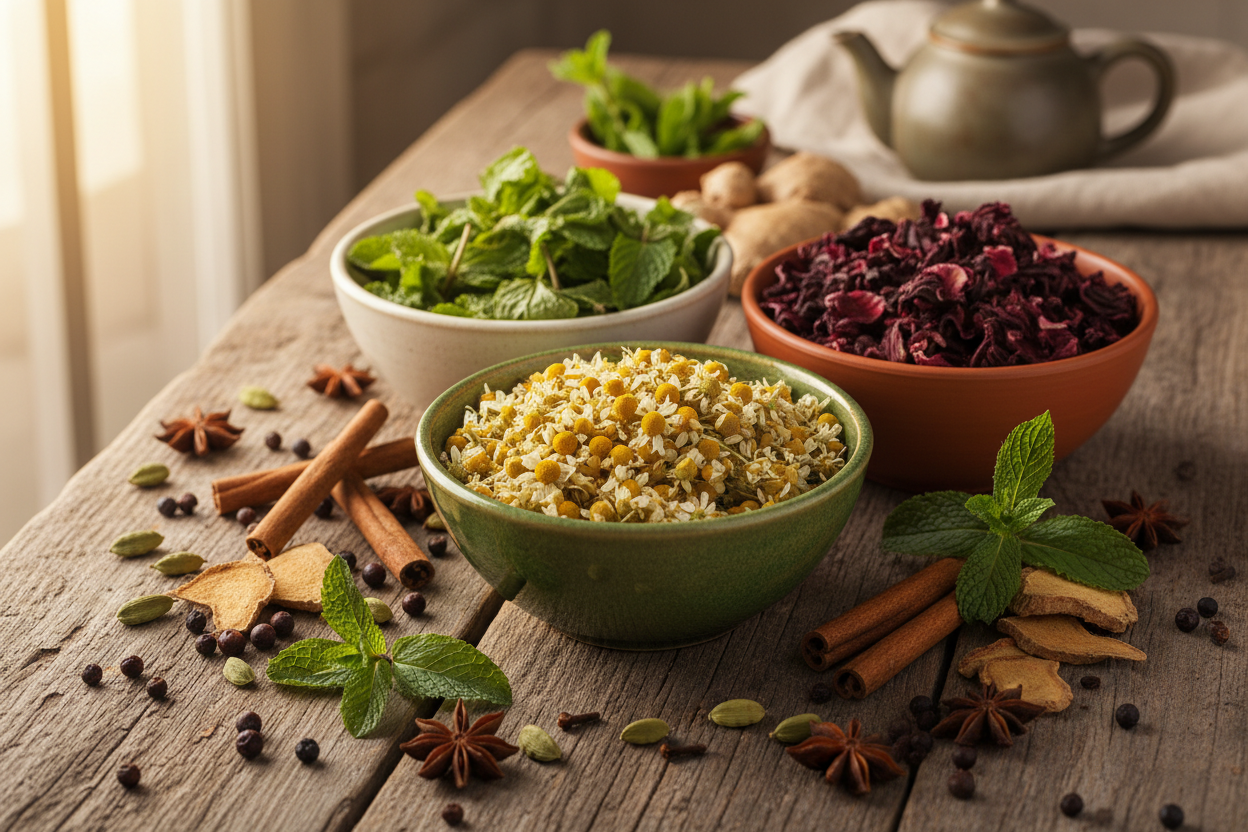herbal teas and spices arranged in and near bowls